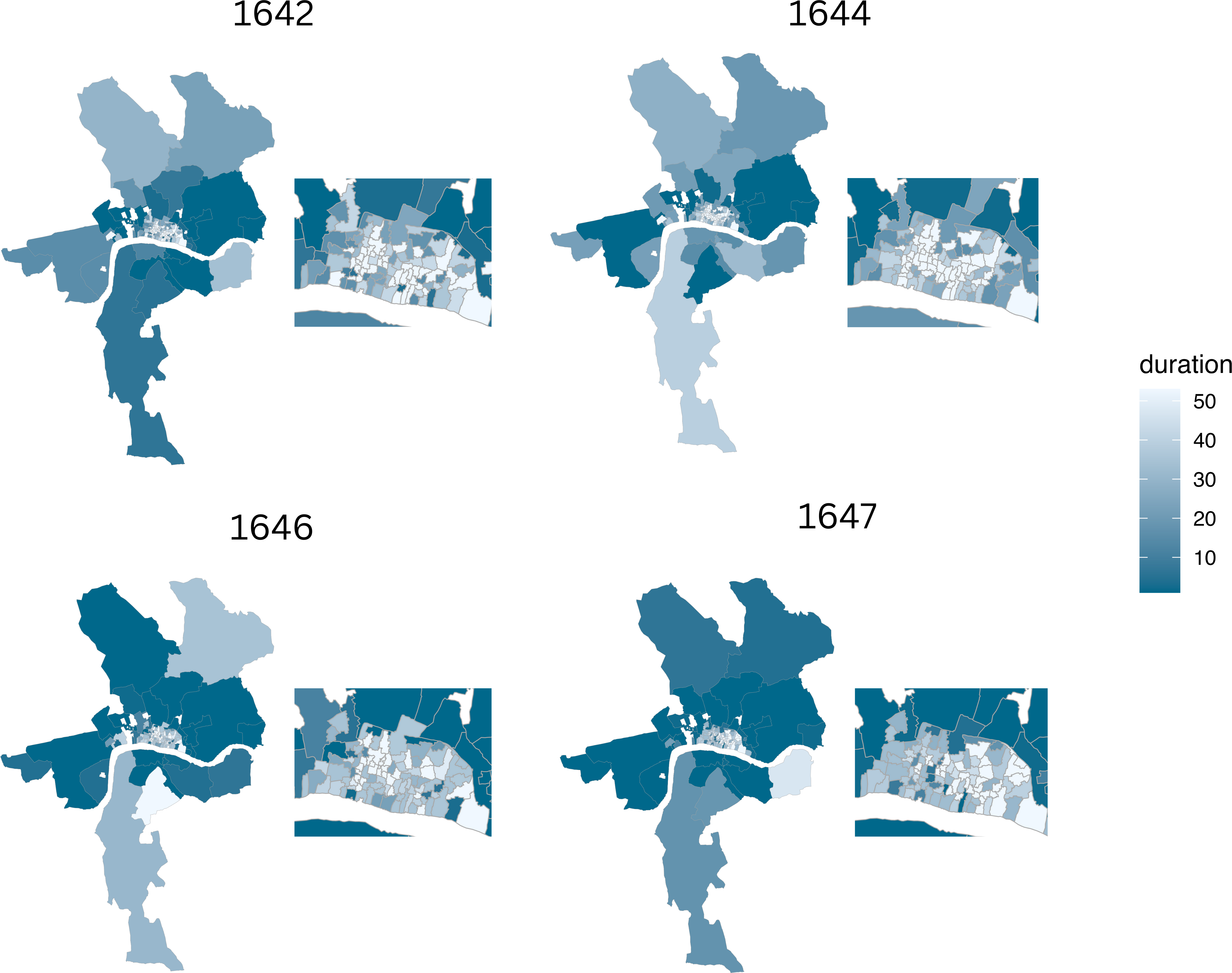 Figure 8. Spatial representation of the time-to-event analysis for 1642, 1644, 1646 and 1647. Parishes shown in dark blue experienced the plague between the first 10 weeks. As the decade progressed, the plague started to hit the parishes within the walls earlier in the year.