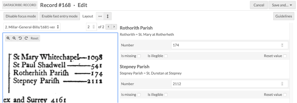 Image of the DataScribe interface showing Rothorith and Stepney parishes along with alternative names St Mary at Rotherhith and St Dunstan at Stepney