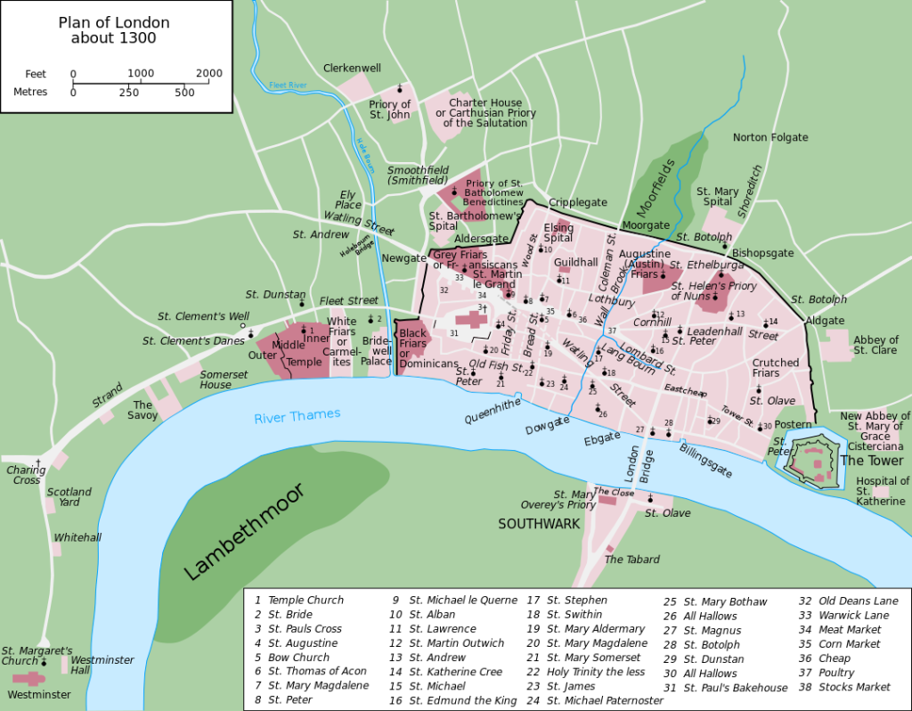 A map of the extent of late medieval London showing how it was mostly defined by London wall with a small part across the Thames at London Bridge