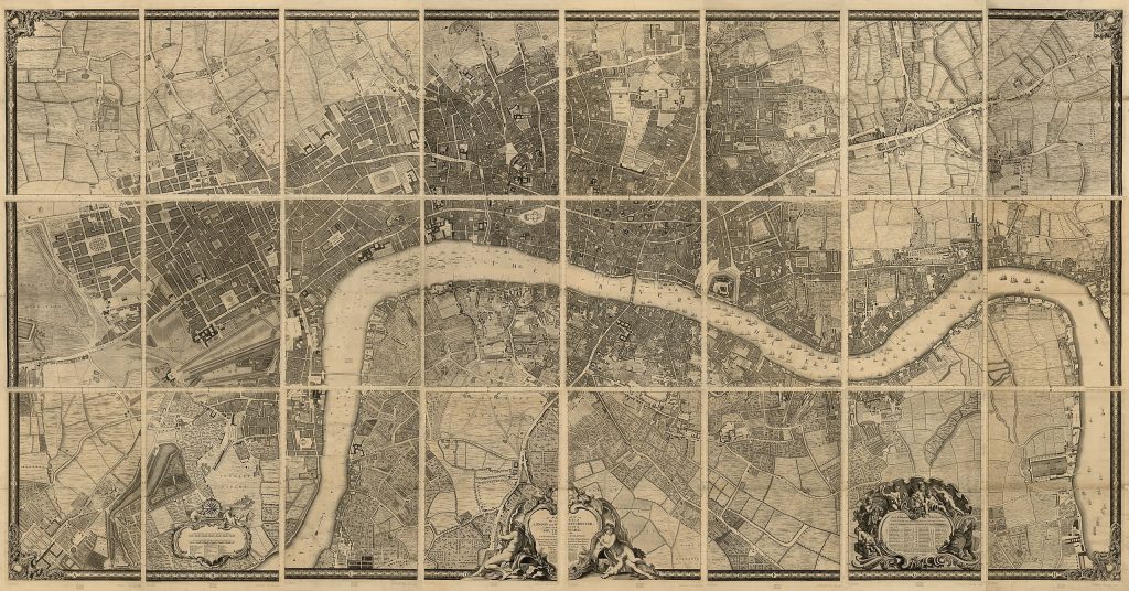 A 1746 map of London in sepia tones, subdivided into 24 separate 'plates'.