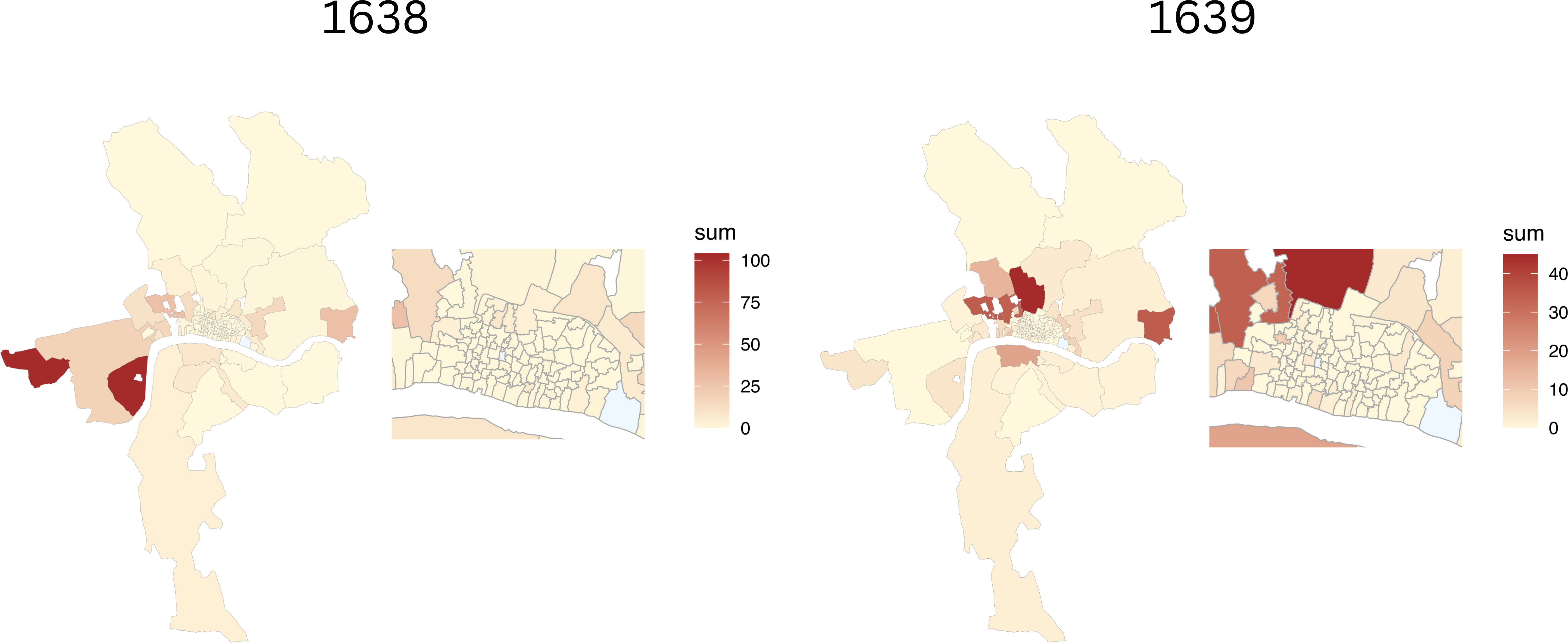 Figure 2. Spatial representation of total plague burials for 1638-1639. In 1638, St. Margaret Westminster recorded 104 plague fatalities, making it the location with the highest number of deaths. The following year, in 1639, St. Giles Cripplegate saw the most plague burials, with a total of 45.