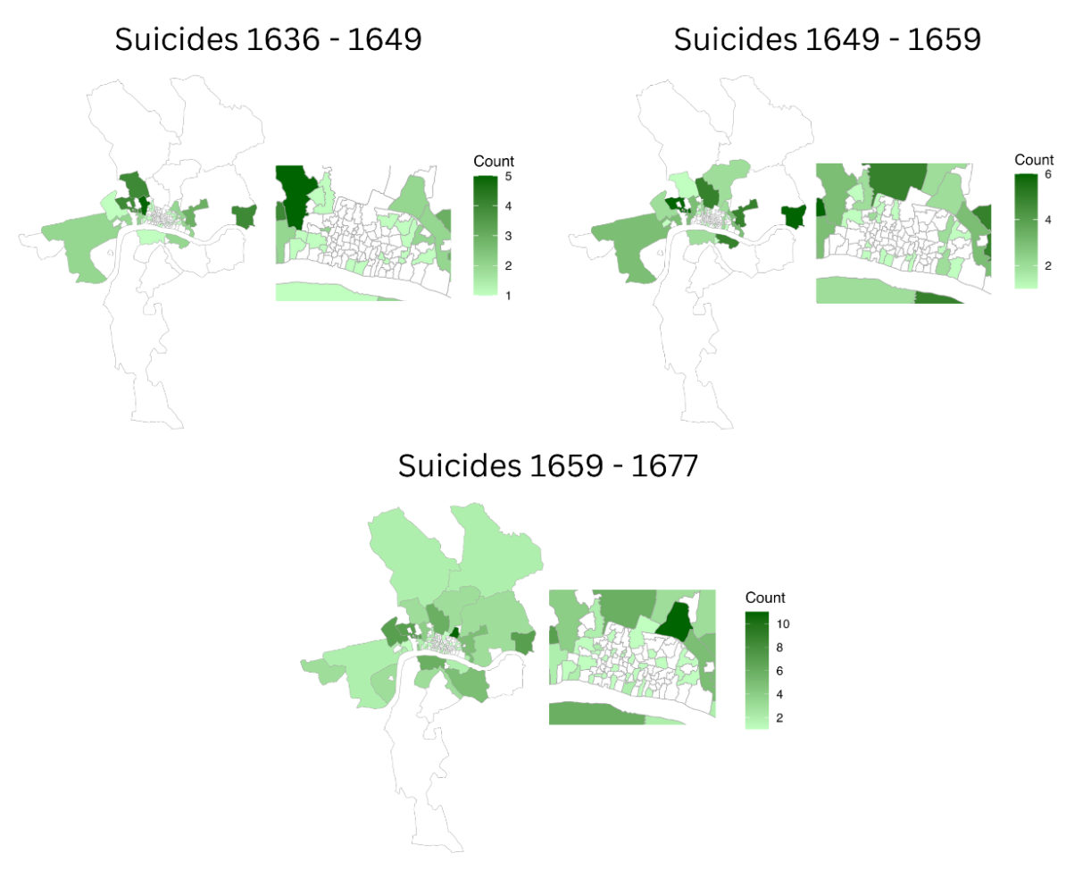 Fig 3. Spatial Representation of Suicides in each of the three data sets analyzed.