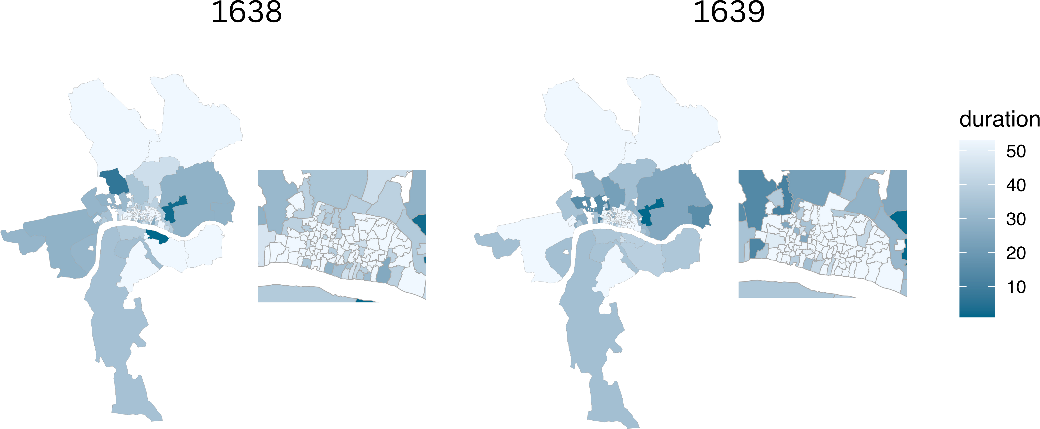 Figure 4. Spatial representation of the time-to-event analysis for 1638-1639. On the map, parishes shown in dark blue experienced the plague between the first 10 weeks. The lighter the shade, the later a parish reported its first plague case. Only a few parishes within the walls had plague cases in the first twenty-five weeks, whereas the majority of the parishes outside the walls—including the 16 without walls and the 9 in Middlesex and Surrey—reported cases earlier, before the 20th week.