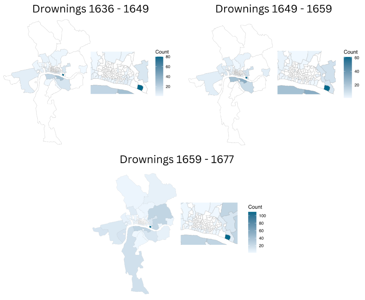 Spatial Representation of Drownings in each of the three data sets analyzed.