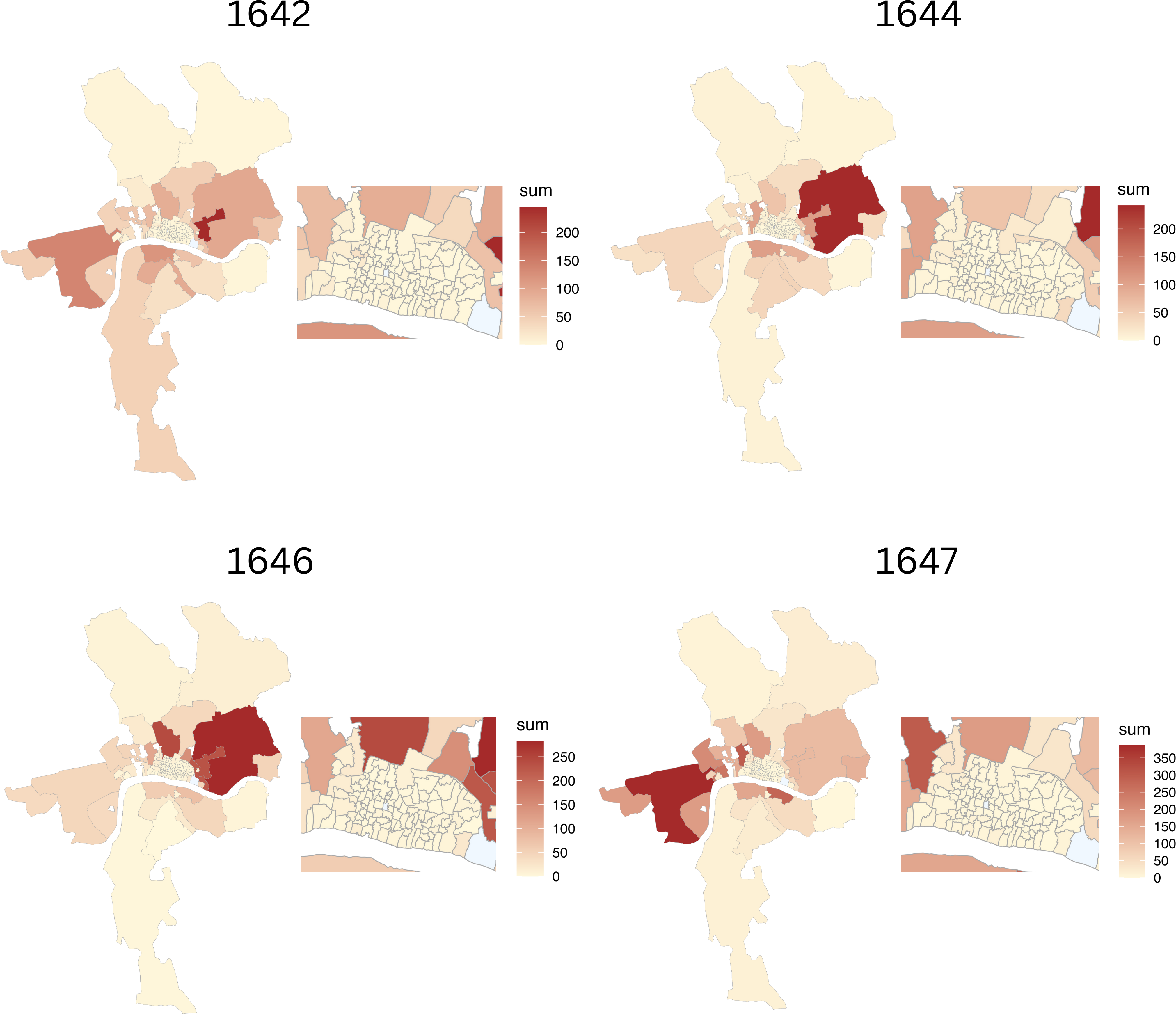 Figure 6. Spatial representation of total plague burials during 1642, 1644, 1646, 1647. None of the parishes within the city walls recorded a high number of burials. The parishes with the most deaths in these years were St Mary Whitechappel (1642), Stepney Parish (1644, 1646) and St Martin in the fields (1647).