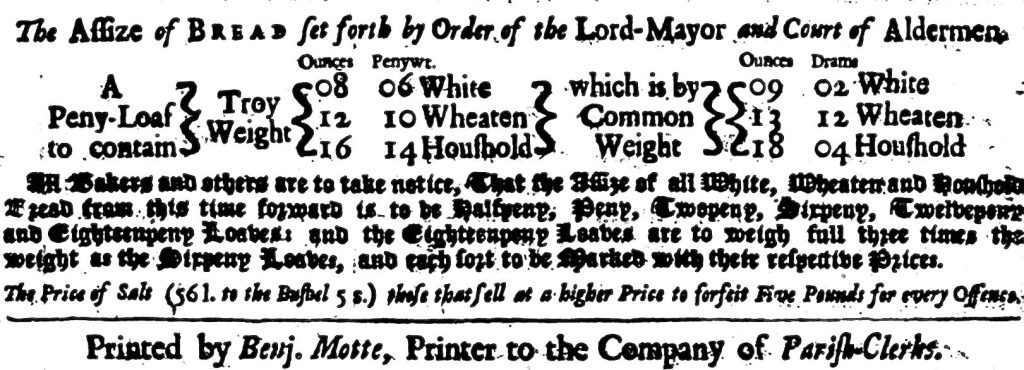 Detail of the Bill for 1701 week 17 showing the prices for bread and salt.