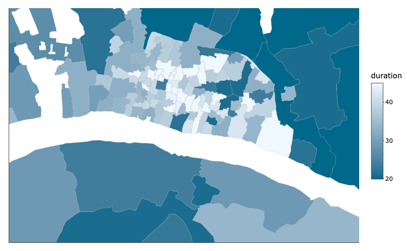 Figure 3. Close up image of the 97 parishes within the walls; While parishes within London&rsquo;s walls did report plague-related deaths in the early stages of the outbreak, these cases did not contribute to the rapid spread of the plague, as observed in the areas outside the city walls. Still, the analysis reveals spatial variations in implementing containment measures. Specifically, even though parishes within London&rsquo;s walls recorded plague-related deaths during the initial phases of the outbreak, the pace of plague transmission in these areas differed from that observed in the regions beyond the city walls. This discrepancy is partly attributed to affluent residents within the walls fleeing the city in the initial weeks, curbing the rapid plague spread.