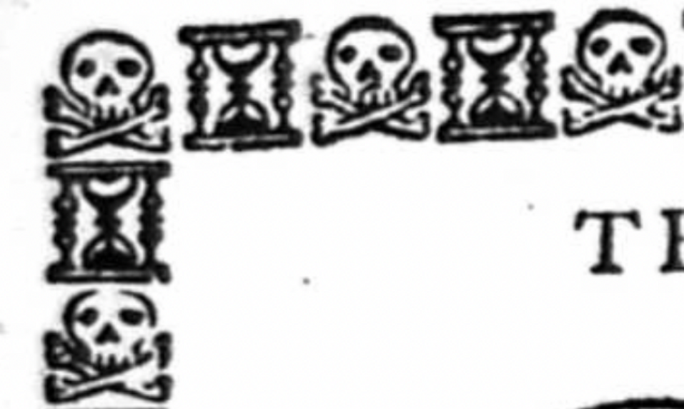 Close up of a border alternating an hourglass with a skull and crossed bones.
