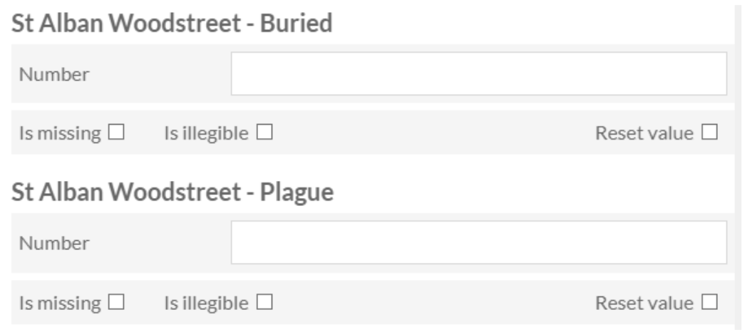 Entering data into Datascribe for this dataset included the parish reported deaths and reported plague as two seperate boxes