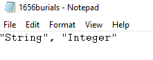 A screenshot of a Notepad file titled '1656burials' that is written ''String'', ''Integer''.