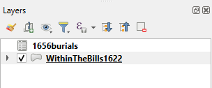A screenshot of the layers panel in QGIS showing two layers 1656burials.csv and WithinTheBills1622.shp