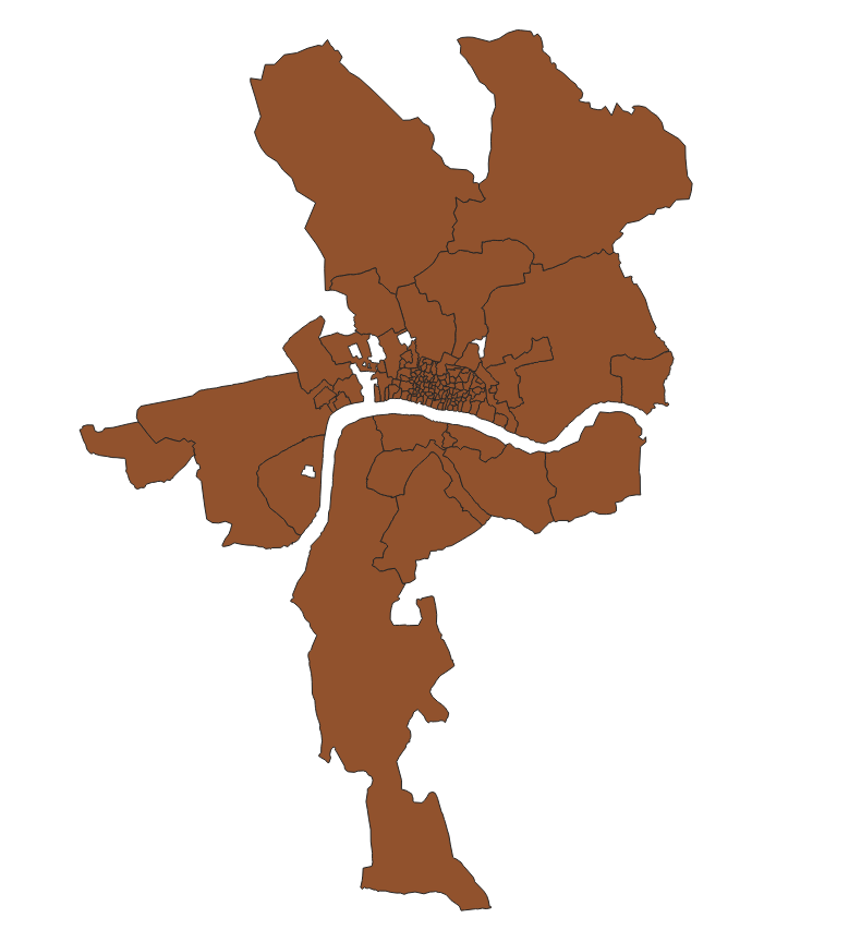 A screenshot of QGIS displaying the shapefile data for London, all parishes are the same murky brown color