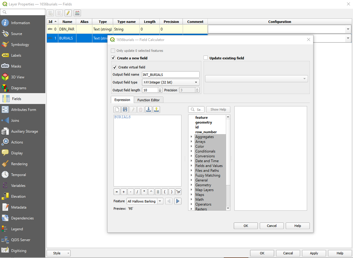 A screenshot of QGIS Layer Properties and the Field Calculator. On the field calculator the boxes for Creating new and virtual fields are both checked, the output name is 'INT_BURIALS', the output type is Integer, and the preview shows 'BURIALS' written in blue