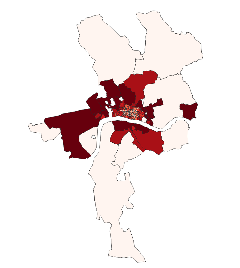 A screenshot showing the shapefiles of London, color coded based on burials. Many inner parishes are dark red while the outermost parishes are a pale pink