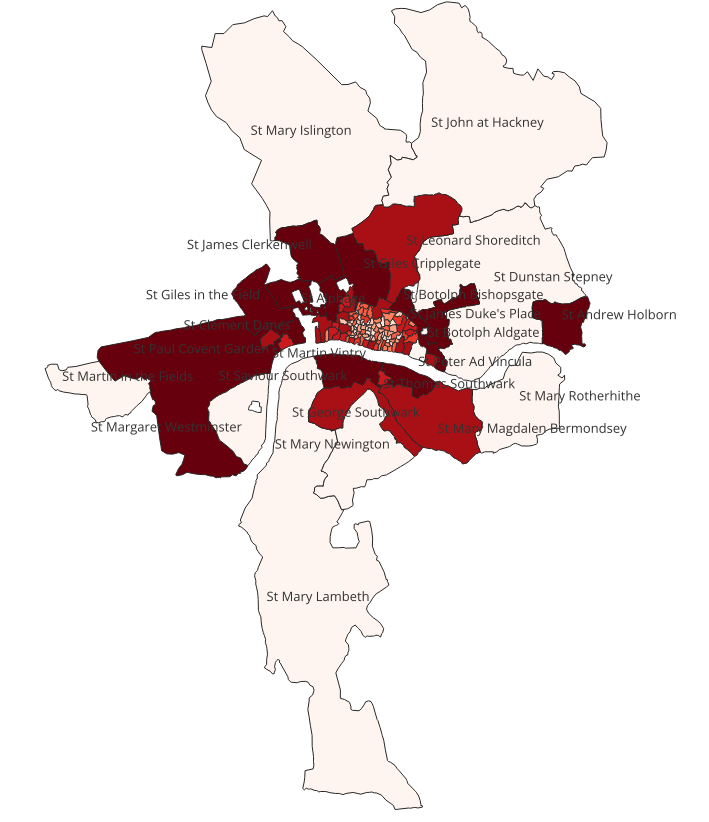 A screenshot of QGIS showing the 1622 shapefiles color coded by 1656 burials, darkest red representing most burials. There are also thin black name labels over each of the parishes, though since many parishes are small it is difficult to tell which label belongs to which location