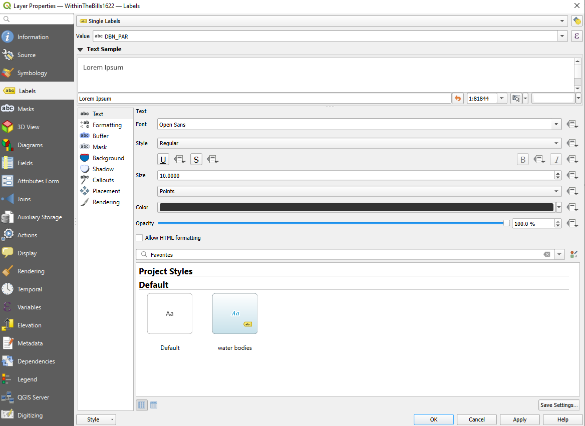 A screenshot of QGIS showing the labels properties. The options show the value as DBN_PAR and the type as Text, with otherwise default options.