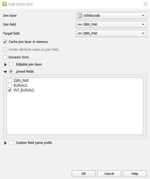 A screenshot of QGIS showing the Add Vector Join menu. The join layer is 1656burials, the Join field is DBN_PAR, the Target field is DBN_PAR, and the 'Cache Join layer in memory', 'Joined Fields' and 'INT_BURIALS' fields are all checked