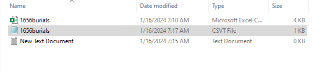  A screenshot of File Explorer showing three files, 1656burials.csv, 1656burials.csvt, and a blank New Text Document.