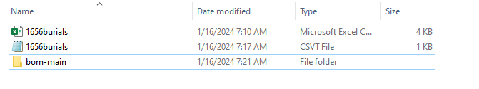 A screenshot of File Explorer showing three files: 1656burials.csv, 1656burials.csvt, and bom-main file folder