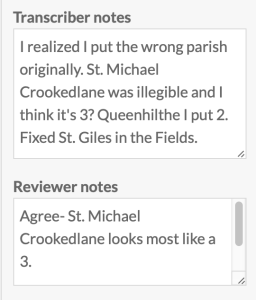 Close up of transcriber and reviewer notes. The transcriber notes discuss a few minor errors and illegible numbers. The reviewer's reply confirms the reading of the illegible numbers.